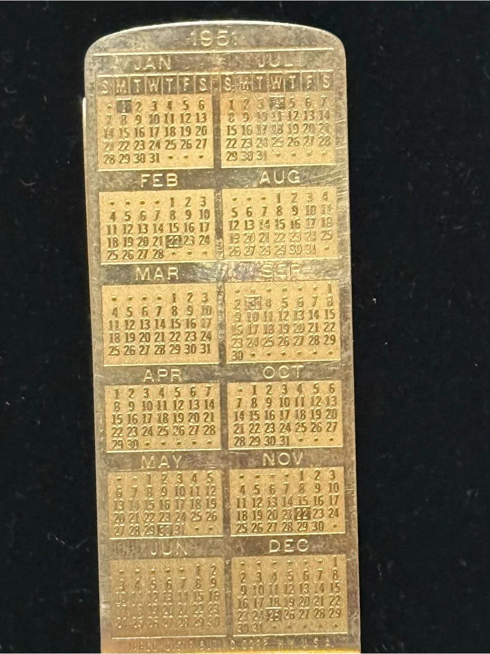 Vintage Money Clip 1950/1951 Perpetual Calendar - Gold Tone